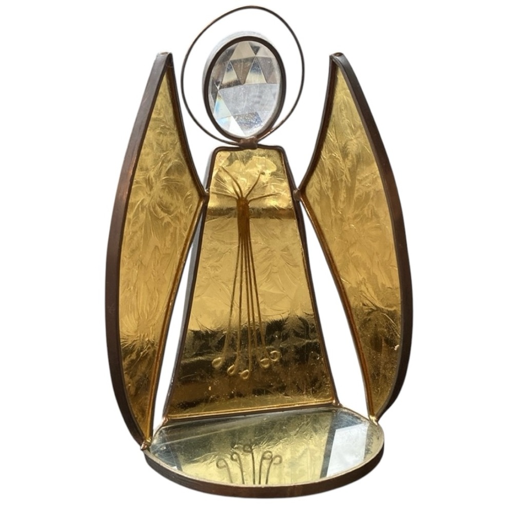 Easter Stained Glass Angel Shelf Stable w/ Crystal Accent on Back Gold/Mirror